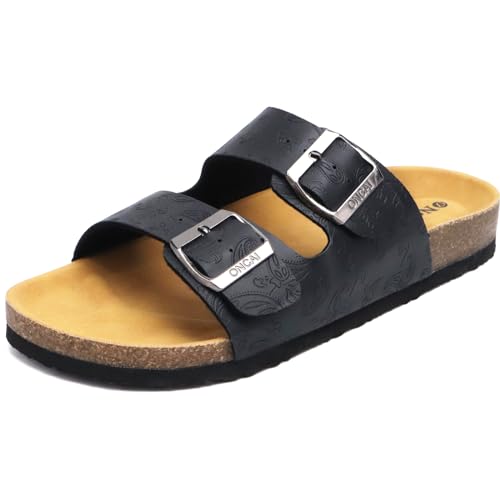 ONCAI Damen Pantoletten Bequeme Hausschuhe mit Kork-Fußbett Suede Kork-Fußbett Sandalen Mit Verstellbarer Rieme Floral Schwarz 40.5 EU von ONCAI