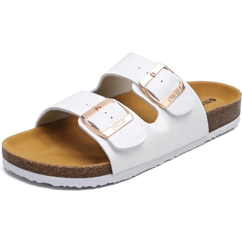ONCAI Damen Pantoletten Bequeme Hausschuhe mit Kork-Fußbett Suede Kork-Fußbett Sandalen Mit Verstellbarer Rieme Floral Weiß 40 EU von ONCAI