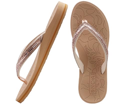 ONCAI Damen Zehentrenner Flip Flops mit Glitter Indoor/Outdoor Sommer Schwimmbad Strand Komfort Strand Plattform Angenehme Sandalen Badelatschen mit Orthopädie Arch Support Beige Größe 38.5 EU von ONCAI