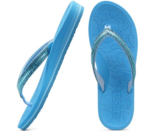 ONCAI Damen Zehentrenner Flip Flops mit Glitter Indoor/Outdoor Sommer Schwimmbad Strand Komfort Strand Plattform Angenehme Sandalen Badelatschen mit Orthopädie Arch Support Blau Größe 43 EU von ONCAI