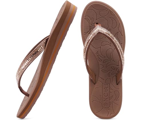 ONCAI Damen Zehentrenner Flip Flops mit Glitter Indoor/Outdoor Sommer Schwimmbad Strand Komfort Strand Plattform Angenehme Sandalen Badelatschen mit Orthopädie Arch Support Braun Größe 42 EU von ONCAI