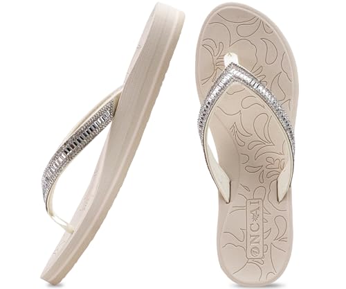 ONCAI Damen Zehentrenner Flip Flops mit Glitter Indoor/Outdoor Sommer Schwimmbad Strand Komfort Strand Plattform Angenehme Sandalen Badelatschen mit Orthopädie Arch Support Elfenbein Größe 40 EU von ONCAI