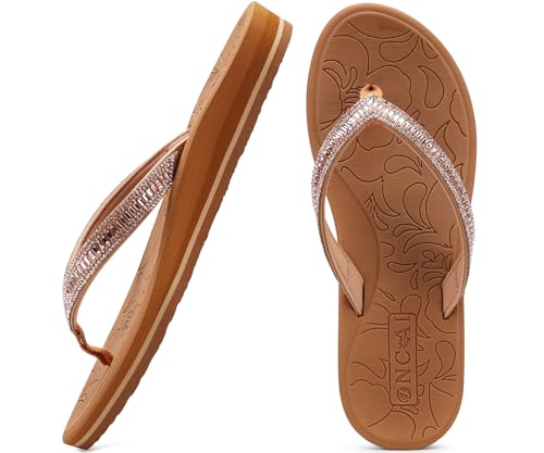 ONCAI Damen Zehentrenner Flip Flops mit Glitter Indoor/Outdoor Sommer Schwimmbad Strand Komfort Strand Plattform Angenehme Sandalen Badelatschen mit Orthopädie Arch Support Khaki Größe 38.5 EU von ONCAI