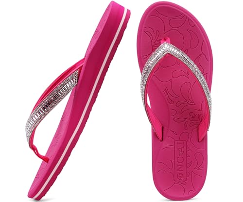 ONCAI Damen Zehentrenner Flip Flops mit Glitter Indoor/Outdoor Sommer Schwimmbad Strand Komfort Strand Plattform Angenehme Sandalen Badelatschen mit Orthopädie Arch Support Rosa Größe 38.5 EU von ONCAI
