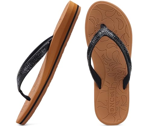 ONCAI Damen Zehentrenner Flip Flops mit Glitter Indoor/Outdoor Sommer Schwimmbad Strand Komfort Strand Plattform Angenehme Sandalen Badelatschen mit Orthopädie Arch Support Schwarz/Khaki Größe 37.5 EU von ONCAI
