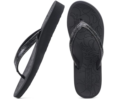 ONCAI Damen Zehentrenner Flip Flops mit Glitter Indoor/Outdoor Sommer Schwimmbad Strand Komfort Strand Plattform Angenehme Sandalen Badelatschen mit Orthopädie Arch Support Schwarz Größe 43 EU von ONCAI
