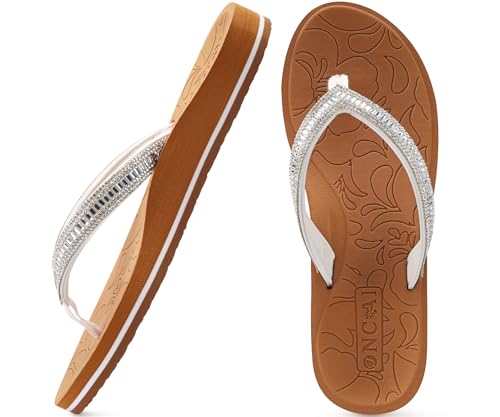 ONCAI Damen Zehentrenner Flip Flops mit Glitter Indoor/Outdoor Sommer Schwimmbad Strand Komfort Strand Plattform Angenehme Sandalen Badelatschen mit Orthopädie Arch Support Weiß/Khaki Größe 43 EU von ONCAI
