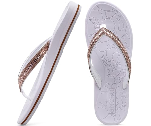 ONCAI Damen Zehentrenner Flip Flops mit Glitter Indoor/Outdoor Sommer Schwimmbad Strand Komfort Strand Plattform Angenehme Sandalen Badelatschen mit Orthopädie Arch Support Weiß Größe 42 EU von ONCAI