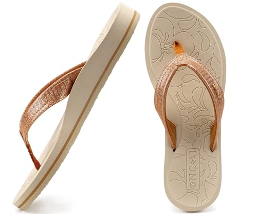 ONCAI Damen Zehentrenner Sommer Sport Flip Flops Schwimmbad Strand Plattform Sandalen Badelatschen Gummifußbett Khaki & Weiß Größe 41 von ONCAI