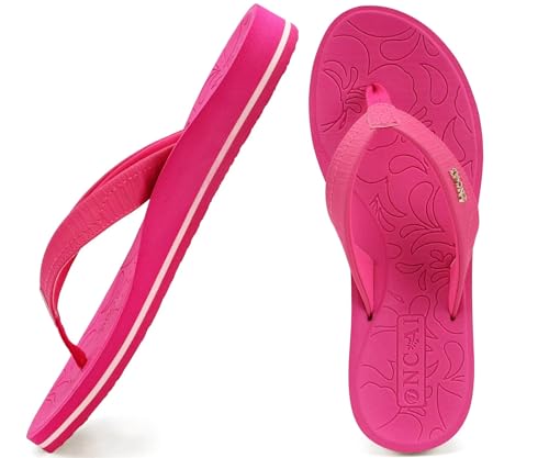 ONCAI Damen Zehentrenner Sommer Sport Flip Flops Schwimmbad Strand Plattform Sandalen Badelatschen Gummifußbett Kräftiges Pink Größe 37.5 von ONCAI