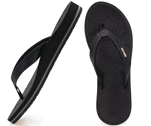 ONCAI Damen Zehentrenner Sommer Sport Flip Flops Schwimmbad Strand Plattform Sandalen Badelatschen Mit Orthopädie Arch Support Gummifußbett Schwarz Größe 37.5 von ONCAI