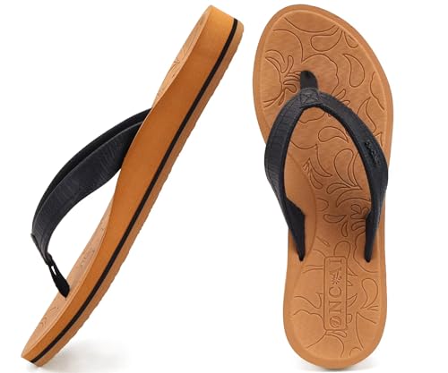 ONCAI Damen Zehentrenner Sommer Sport Flip Flops Schwimmbad Strand Plattform Sandalen Badelatschen Mit Orthopädie Arch Support Gummifußbett Schwarz & Khaki Größe 38 von ONCAI