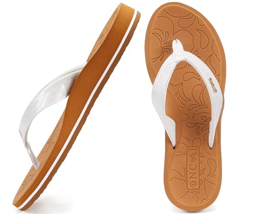 ONCAI Damen Zehentrenner Sommer Sport Flip Flops Schwimmbad Strand Plattform Sandalen Badelatschen Gummifußbett Weiß & Khaki Größe 43 von ONCAI