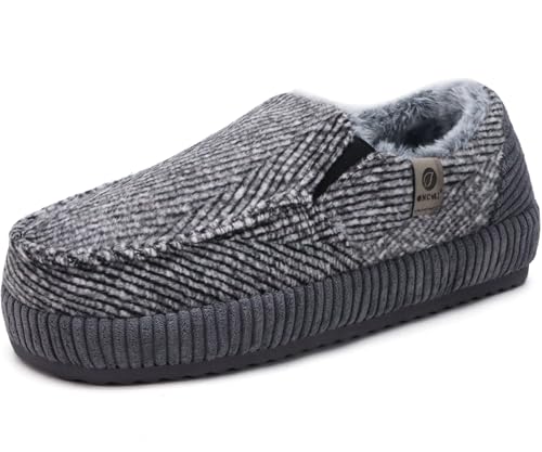 ONCAI Hauschuhe Herren Pantoffeln Wärme Streifen Baumwolle-mischung Slipper Komfort Yoga-Matte Filz geschlossene Slippers Cord Indoor Outdoor rutschfester Gummisohle Baumwolle Grau/Weiß Größe 44 von ONCAI
