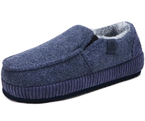 ONCAI Hauschuhe Herren Pantoffeln Wärme Streifen Baumwolle-mischung Slipper Komfort Yoga-Matte Filz geschlossene Slippers Cord Indoor Outdoor rutschfester Gummisohle Filz Dunkel Blau Größe 44 von ONCAI