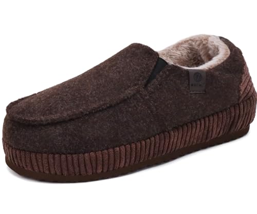 ONCAI Hauschuhe Herren Pantoffeln Wärme Streifen Baumwolle-mischung Slipper Komfort Yoga-Matte Filz geschlossene Slippers Cord Indoor Outdoor rutschfester Gummisohle Filz Dunkel Braun Größe 41 von ONCAI