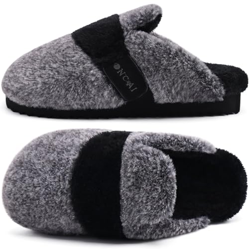 ONCAI Hausschuhe Damen, Bequem Flauschig Plüsch Kunstfell Kaninchen Pantoffeln Weich Kissen Memory Foam Fußbett Winter Warme Mode Haus Slippers Indoor Outdoor Slip On Gummi Sohlen Schwarz Größe 37 von ONCAI