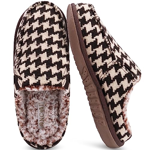 ONCAI Hausschuhe Damen,Hahnentritt Baumwolle Hohe Dichte Memory Foam Pantoffeln Arch Support Warme Flauschig Damen Haus Hausschuhe Slip on Indoor Outdoor Komfort Yogamatte Gummisohle Braun Größe 36 von ONCAI