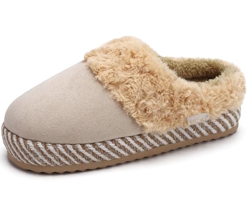 ONCAI Hausschuhe Damen mit Plüsch Kunstfell Wildleder Warme Pantoffeln Winter Frau Hausschuh Slipper Baumwolle mit Pelzimita drinnen Schlafzimmer Gemütlich Gummisohle Beige/Khaki Größe 36 EU von ONCAI
