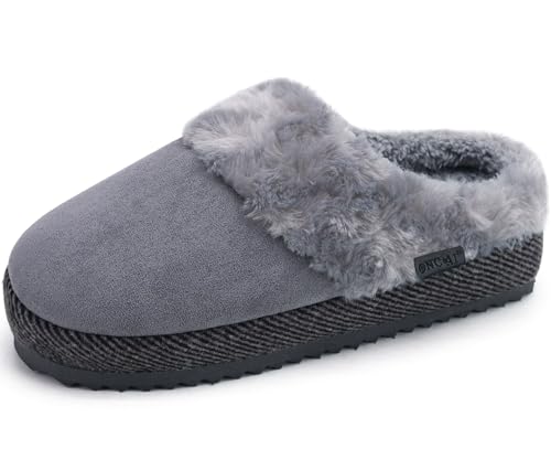 ONCAI Hausschuhe Damen mit Plüsch Kunstfell Wildleder Warme Pantoffeln Winter Frau Hausschuh Slipper Baumwolle mit Pelzimita drinnen Schlafzimmer Gemütlich Gummisohle Grau Größe 40 EU von ONCAI