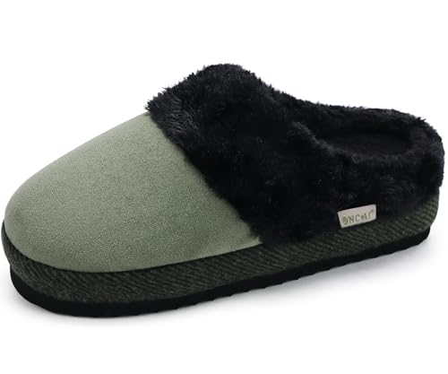 ONCAI Hausschuhe Damen mit Plüsch Kunstfell Wildleder Warme Pantoffeln Winter Frau Hausschuh Slipper Baumwolle mit Pelzimita drinnen Schlafzimmer Gemütlich Gummisohle Grün/Schwarz Größe 36 EU von ONCAI
