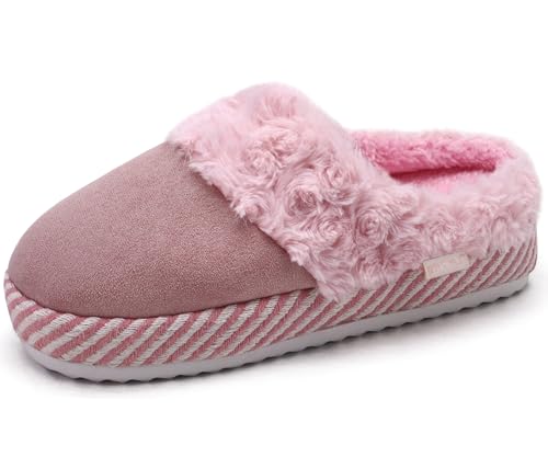 ONCAI Hausschuhe Damen mit Plüsch Kunstfell Wildleder Warme Pantoffeln Winter Frau Hausschuh Slipper Baumwolle mit Pelzimita drinnen Schlafzimmer Gemütlich Gummisohle Helles Rosa Größe 38 EU von ONCAI