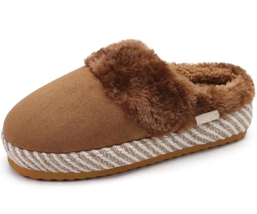 ONCAI Hausschuhe Damen mit Plüsch Kunstfell Wildleder Warme Pantoffeln Winter Frau Hausschuh Slipper Baumwolle mit Pelzimita drinnen Schlafzimmer Gemütlich Gummisohle Khaki Größe 40 EU von ONCAI