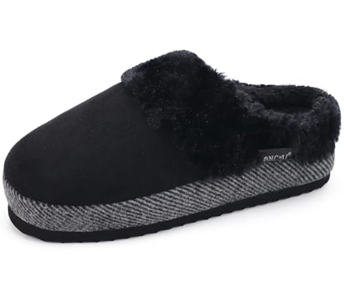 ONCAI Hausschuhe Damen mit Plüsch Kunstfell Wildleder Warme Pantoffeln Winter Frau Hausschuh Slipper Baumwolle mit Pelzimita drinnen Schlafzimmer Gemütlich Gummisohle Schwarz Größe 38 EU von ONCAI