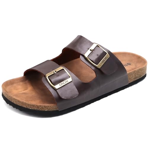 ONCAI Hausschuhe Herren, Kork Pantoletten Flache Sommerstrand Schlappen Drinnen und Draußen Sandalen Mit Verstellbarer Rieme Braun EU 43.5 von ONCAI