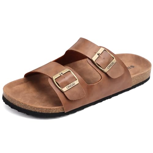 ONCAI Hausschuhe Herren, Kork Pantoletten Flache Sommerstrand Schlappen Drinnen und Draußen Sandalen Mit Verstellbarer Rieme Khaki EU 41 von ONCAI