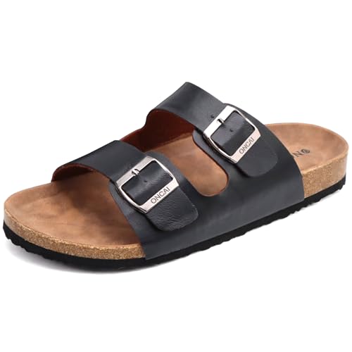 ONCAI Hausschuhe Herren, Kork Pantoletten Flache Sommerstrand Schlappen Drinnen und Draußen Sandalen Mit Verstellbarer Rieme Schwarz EU 43.5 von ONCAI