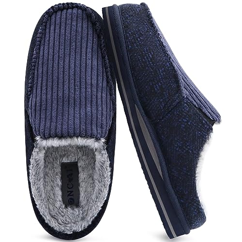 ONCAI Hausschuhe Herren Komfort Plüsch Pantoffeln Streifen Orthopädische Hüttenschuhe Wärme Flauschig Cord Slippers mit Memory Foam Rutschfest Gummisohle Blau Größe 43 von ONCAI