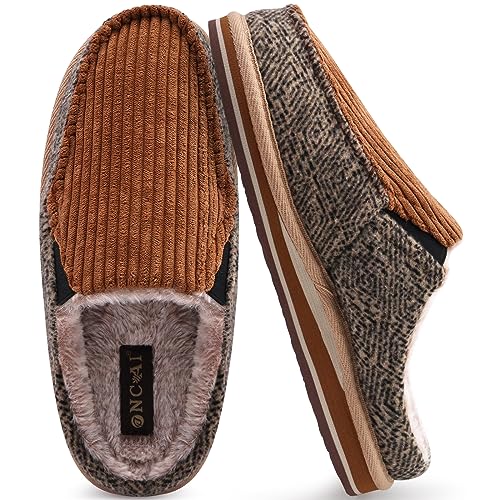 ONCAI Hausschuhe Herren Komfort Plüsch Pantoffeln Streifen Orthopädische Hüttenschuhe Wärme Flauschig Cord Slippers mit Memory Foam Rutschfest Gummisohle Khaki Größe 44 von ONCAI