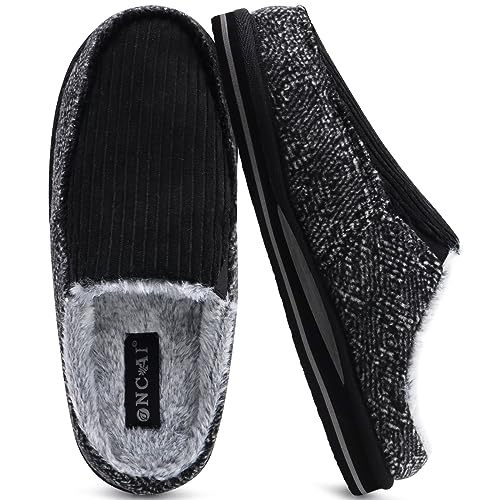 ONCAI Hausschuhe Herren Komfort Plüsch Pantoffeln Streifen Orthopädische Hüttenschuhe Wärme Flauschig Cord Slippers mit Memory Foam Rutschfest Gummisohle Schwarz Größe 44 von ONCAI