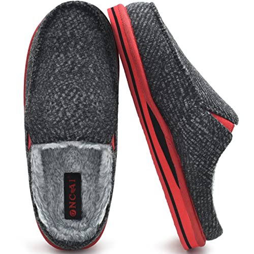 ONCAI Hausschuhe Herren Komfort Plüsch Pantoffeln Streifen Orthopädische Hüttenschuhe Wärme Flauschig Slippers mit Memory Foam Rutschfest Gummisohle Schwarz Rot Größe 46 von ONCAI