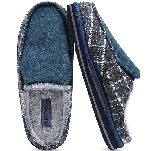 ONCAI Hausschuhe Herren Plüsch Pantoffeln Orthopädische Komfort Hüttenschuhe Wärme Slippers mit Memory Foam Kariert Rutschfest Gummisohle Flauschig Blau Größe 47 von ONCAI