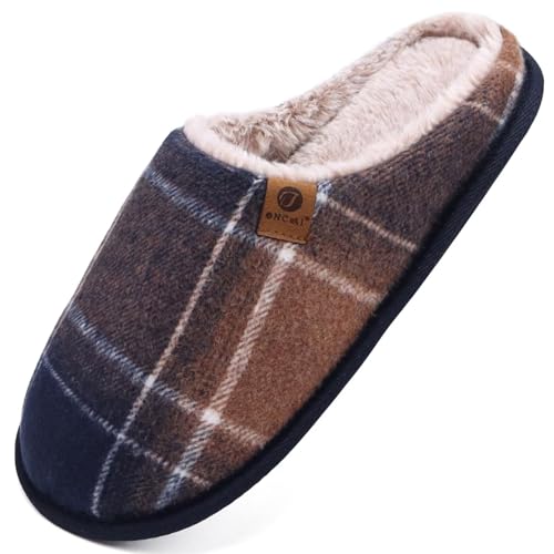 ONCAI Hausschuhe Herren Rückstellschaum,Warme Streifen Pantoffeln für Manner,Flauschig Gefüttert mit Rutschfeste Gummisohle Plüsch Bau Ausblenden Größe 46 EU von ONCAI