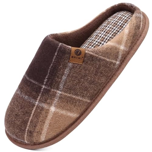 ONCAI Hausschuhe Herren Rückstellschaum,Warme Streifen Pantoffeln für Manner,Flauschig Plüsch Gefüttert mit Rutschfeste Gummisohle Braun Ausblenden Größe 45 EU von ONCAI