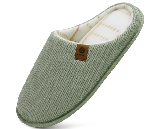 ONCAI Hausschuhe Herren Rückstellschaum Memory Foam Herren Pantoffeln und Mann Haus Schuhe mit Kunstpelz Futter und Indoor Outdoor Gummisohlen Hellgrün Größe 40 EU von ONCAI