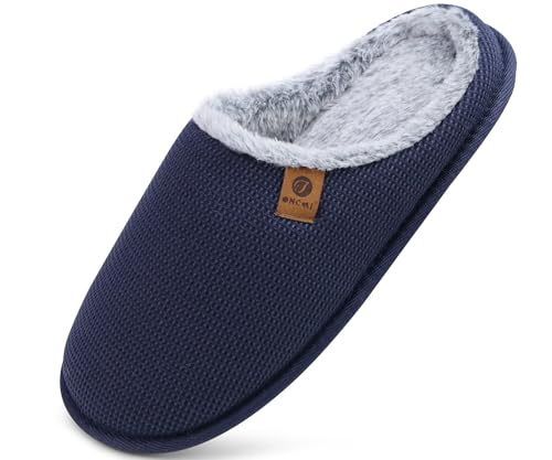 ONCAI Hausschuhe Herren Rückstellschaum Memory Foam Herren Pantoffeln und Mann Haus Schuhe mit Kunstpelz Futter und Indoor Outdoor Gummisohlen Plüsch Blau Größe 45 EU von ONCAI