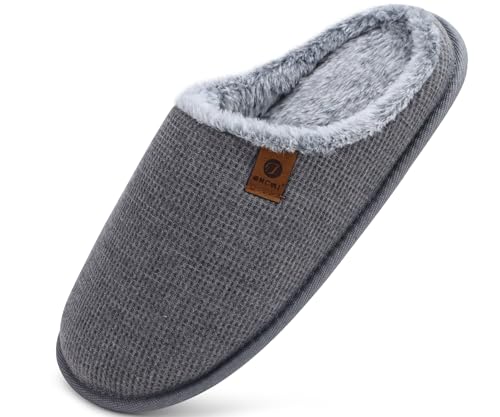 ONCAI Hausschuhe Herren Rückstellschaum Memory Foam Herren Pantoffeln und Mann Haus Schuhe mit Kunstpelz Futter und Indoor Outdoor Gummisohlen Plüsch Grau Größe 44 EU von ONCAI
