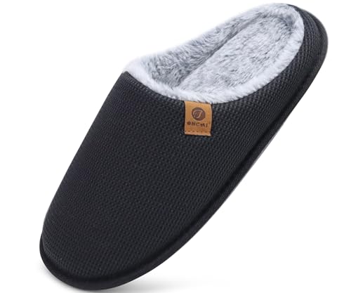 ONCAI Hausschuhe Herren Rückstellschaum Memory Foam Herren Pantoffeln und Mann Haus Schuhe mit Kunstpelz Futter und Indoor Outdoor Gummisohlen Plüsch Schwarz Größe 47 EU von ONCAI