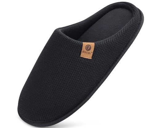 ONCAI Hausschuhe Herren Rückstellschaum Memory Foam Herren Pantoffeln und Mann Haus Schuhe mit Kunstpelz Futter und Indoor Outdoor Gummisohlen Schwarz Größe 48 EU von ONCAI