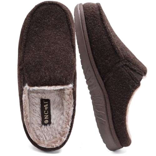 ONCAI Hausschuhe Herren mit Filz,Arch-Unterstützung Memory Foam Pantoffeln und Plüsch Baumwolle Mischung Hüttenschuhe Wolle Haus Slippers mit Gummisohlen Braun EU Größe 46 von ONCAI