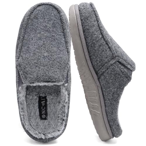 ONCAI Hausschuhe Herren mit Filz,Arch-Unterstützung Memory Foam Pantoffeln und Plüsch Baumwolle Mischung Hüttenschuhe Wolle Haus Slippers mit Gummisohlen Grau EU Größe 44.5 von ONCAI