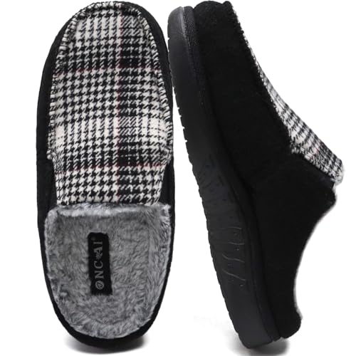 ONCAI Hausschuhe Herren mit Filz,Arch-Unterstützung Memory Foam Pantoffeln und Plüsch Baumwolle Mischung Hüttenschuhe Wolle Haus Slippers mit Gummisohlen Kariert Schwarz EU Größe 44.5 von ONCAI