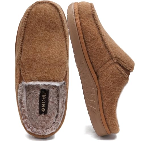 ONCAI Hausschuhe Herren mit Filz,Arch-Unterstützung Memory Foam Pantoffeln und Plüsch Baumwolle Mischung Hüttenschuhe Wolle Haus Slippers mit Gummisohlen Khaki EU Größe 49 von ONCAI