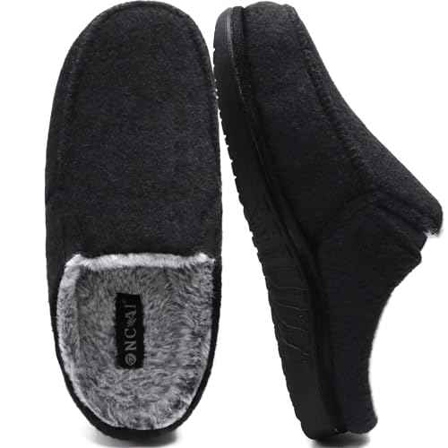 ONCAI Hausschuhe Herren mit Filz,Arch-Unterstützung Memory Foam Pantoffeln und Plüsch Baumwolle Mischung Hüttenschuhe Wolle Haus Slippers mit Gummisohlen Schwarz EU Größe 42 von ONCAI