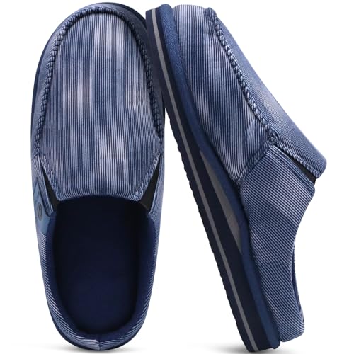 ONCAI Hausschuhe Herren mit Orthopädische Arch Support,Baumwolle Sherpa Futter Memory Foam Plantar Fasciitis Haus Hausschuhe Warme Clogs Indoor Outdoor Rutschfest Gummisohle Streifen Blau Größe 46 von ONCAI