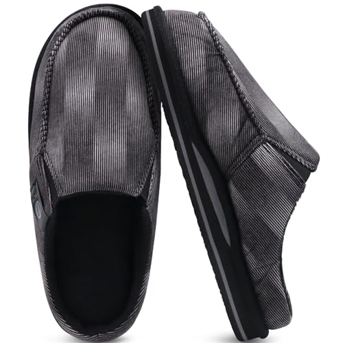 ONCAI Hausschuhe Herren mit Orthopädische Arch Support,Baumwolle Sherpa Futter Memory Foam Plantar Fasciitis Haus Hausschuhe Warme Clogs Indoor Outdoor Rutschfest Gummisohle Streifen Schwarz Größe 49 von ONCAI